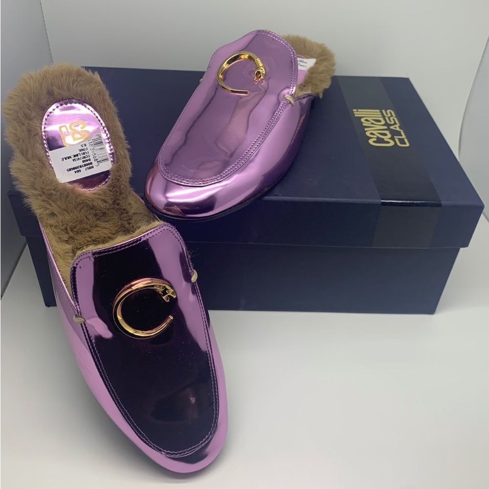 Roberto Cavalli Faux Fur Metallic Mules Pink